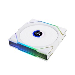 مروحة ليان لي LIAN LI UNI FAN TL WIRELESS LCD 120 REVERSE BLADE, تصميم بشفرات عكسية, شاشة LCD مدمجة, حجم 120 مم, اتصال لاسلكي 2.4Ghz للتحكم بالإضاءة - أبيض 
