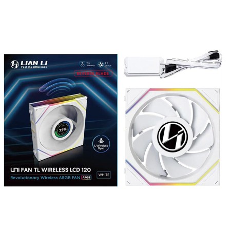 مروحة ليان لي LIAN LI UNI FAN TL WIRELESS LCD 120 REVERSE BLADE, تصميم بشفرات عكسية, شاشة LCD مدمجة, حجم 120 مم, اتصال لاسلكي 2.4Ghz للتحكم بالإضاءة - أبيض