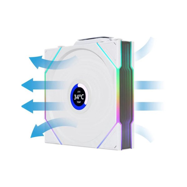 مروحة ليان لي LIAN LI UNI FAN TL WIRELESS LCD 120 REVERSE BLADE, تصميم بشفرات عكسية, شاشة LCD مدمجة, حجم 120 مم, اتصال لاسلكي 2.4Ghz للتحكم بالإضاءة - أبيض
