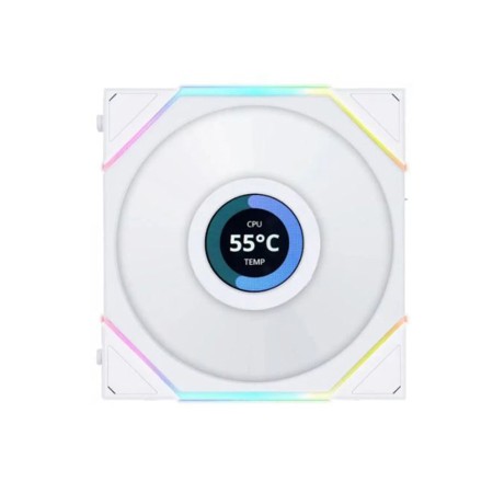 مروحة ليان لي LIAN LI UNI FAN TL WIRELESS LCD 120 REVERSE BLADE, تصميم بشفرات عكسية, شاشة LCD مدمجة, حجم 120 مم, اتصال لاسلكي 2.4Ghz للتحكم بالإضاءة - أبيض