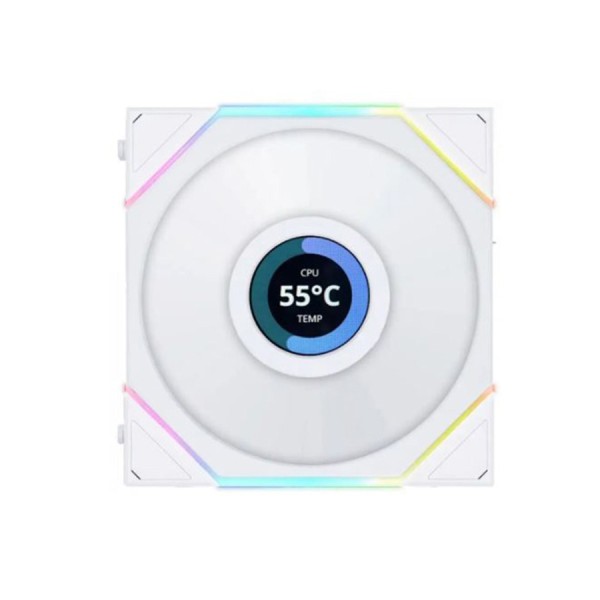 مروحة ليان لي LIAN LI UNI FAN TL WIRELESS LCD 120 REVERSE BLADE, تصميم بشفرات عكسية, شاشة LCD مدمجة, حجم 120 مم, اتصال لاسلكي 2.4Ghz للتحكم بالإضاءة - أبيض