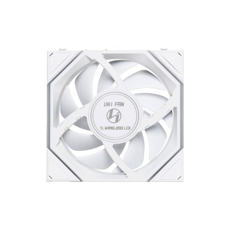 مروحة ليان لي LIAN LI UNI FAN TL WIRELESS LCD 120 REVERSE BLADE, تصميم بشفرات عكسية, شاشة LCD مدمجة, حجم 120 مم, اتصال لاسلكي 2.4Ghz للتحكم بالإضاءة - أبيض