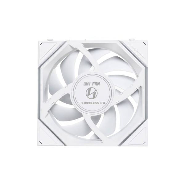 مروحة ليان لي LIAN LI UNI FAN TL WIRELESS LCD 120 REVERSE BLADE, تصميم بشفرات عكسية, شاشة LCD مدمجة, حجم 120 مم, اتصال لاسلكي 2.4Ghz للتحكم بالإضاءة - أبيض