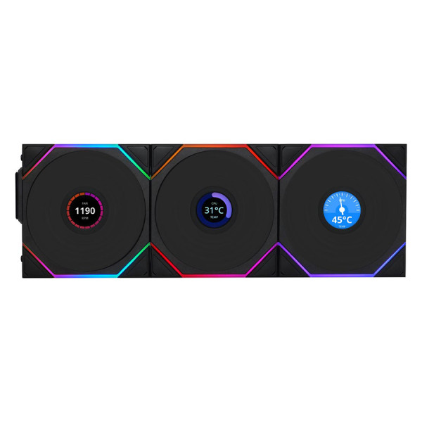 ليان لي يوني فان X3 TL LCD 120mm مراوح شفرات عكسية مع شاشة, توصيل لاسلكي مع متحكم - أسود ليان لي يوني فان X3 TL LCD 120mm مراوح شفرات عكسية مع شاشة, توصيل لاسلكي مع متحكم - أسود