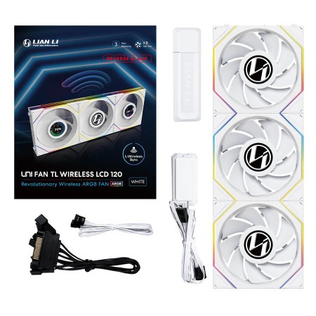 Lian Li UNI FAN TL Wireless LCD Reverse Blade, 3 × 120 mm RGB Fans, Integrated 1.6-inch LCD screen, Wireless controller - White Lian Li UNI FAN TL Wireless LCD Reverse Blade, 3 × 120 mm RGB Fans, Integrated 1.6-inch LCD screen, Wireless controller - White