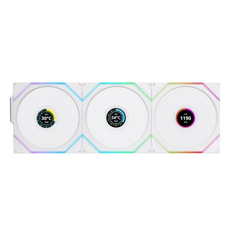 Lian Li UNI FAN TL Wireless LCD Reverse Blade, 3 × 120 mm RGB Fans, Integrated 1.6-inch LCD screen, Wireless controller - White Lian Li UNI FAN TL Wireless LCD Reverse Blade, 3 × 120 mm RGB Fans, Integrated 1.6-inch LCD screen, Wireless controller - White