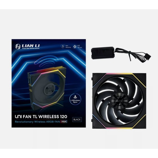 مروحة ليان لي UNI FAN TL Wireless , مروحة واحدة بحجم 120 مم بشفرات عادية, اتصال لاسلكي عبر منظومة L-Wireless, منطقتا إضاءة ARGB - أسود