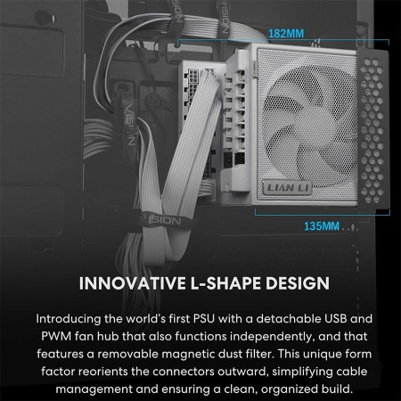 LIAN LI EG1200G Edge power supply, L-Shape design, 1200 watt, ATX 3.1, 80+ Gold efficiency, fully modular design - White