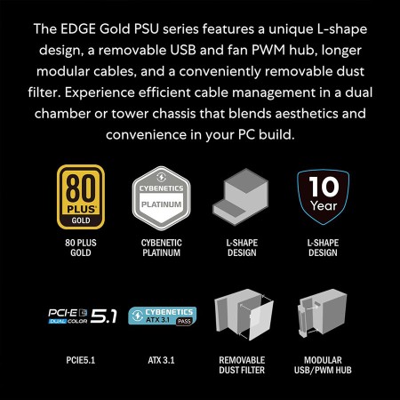 LIAN LI EG1200G Edge power supply, L-Shape design, 1200 watt, ATX 3.1, 80+ Gold efficiency, fully modular design - White