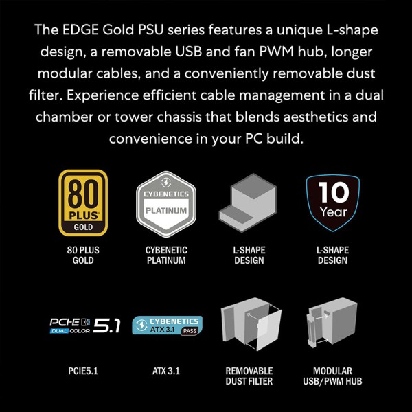 مزود طاقة LIAN LI EG1200G Edge, بقدرة 1200 واط, كفاءة 80+ Gold, تصميم L-Shape, دعم معيار ATX 3.1, كابلات قابلة للفصل Fully Modular لسهولة التركيب - أبيض