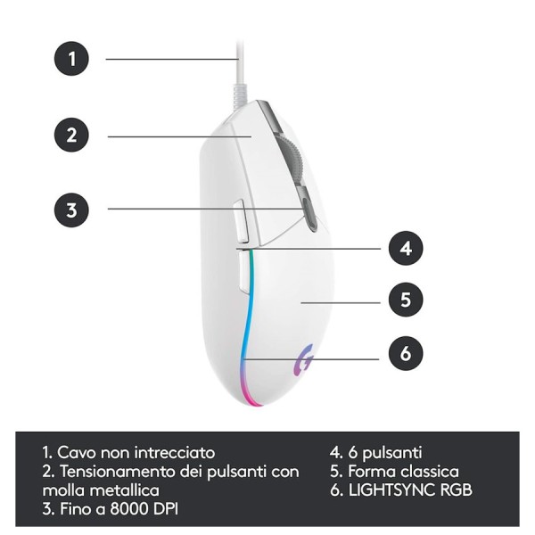 فأرة العاب سلكية Logitech G203, مستشعر Optical بدقة تصل حتى 8000 DPI,  معدل تحديث 1000 Hz,  مع 6 أزرار قابلة للبرمجة,  إضاءة RGB LIGHTSYNC - أبيض