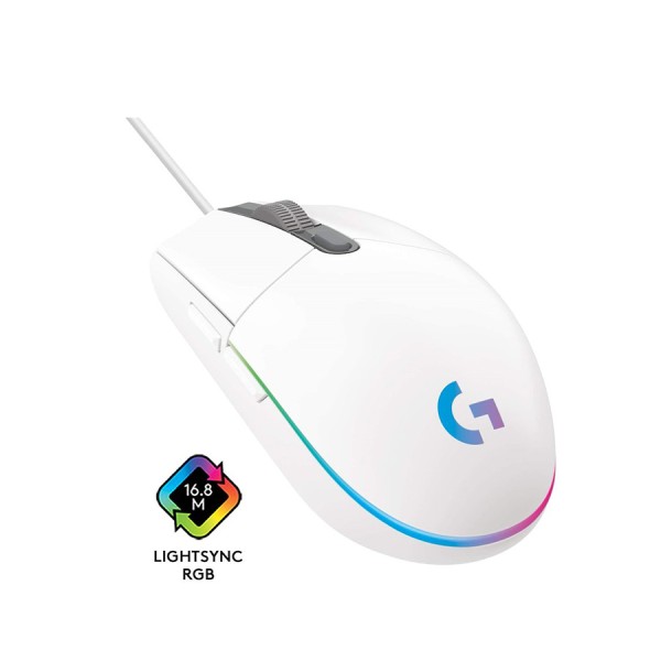 فأرة العاب سلكية Logitech G203, مستشعر Optical بدقة تصل حتى 8000 DPI,  معدل تحديث 1000 Hz,  مع 6 أزرار قابلة للبرمجة,  إضاءة RGB LIGHTSYNC - أبيض