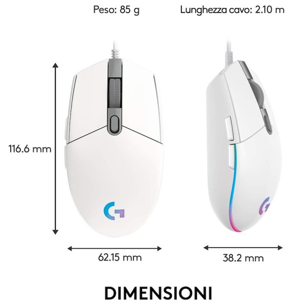 فأرة العاب سلكية Logitech G203, مستشعر Optical بدقة تصل حتى 8000 DPI,  معدل تحديث 1000 Hz,  مع 6 أزرار قابلة للبرمجة,  إضاءة RGB LIGHTSYNC - أبيض