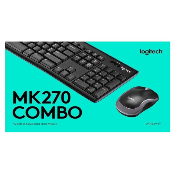 Combo Wireless Keyboard Mouse Logitech MK270 ,Spill-resistant and ergonomically designed for daily use , Arabic / English - Black