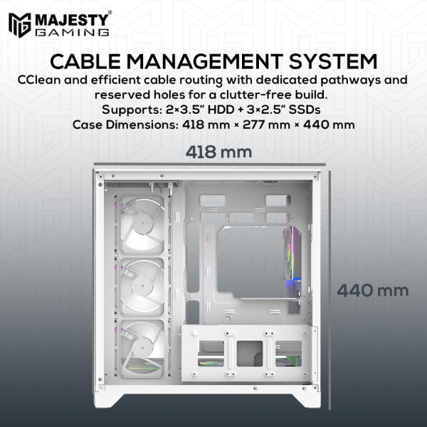 كيس كمبيوتر  MAJESTY XSPACE 006 ARGB – أبيض | 7 مراوح ARGB | زجاج حراري | دعم ATX