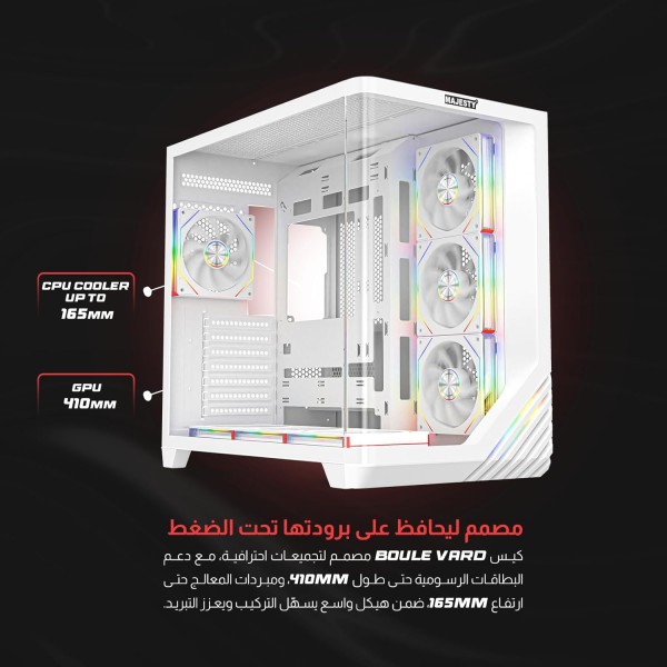 PC Case MAJESTY BOULEVARD 008 ARGB ATX Mid Tower, 7 pre-installed ARGB fans, Support ATX, Micro-ATX, and Mini-ITX MB - WHITE PC Case MAJESTY BOULEVARD 008 ARGB ATX Mid Tower, 7 pre-installed ARGB fans, Support ATX, Micro-ATX, and Mini-ITX MB - WHITE