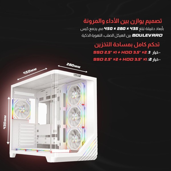 PC Case MAJESTY BOULEVARD 008 ARGB ATX Mid Tower, 7 pre-installed ARGB fans, Support ATX, Micro-ATX, and Mini-ITX MB - WHITE PC Case MAJESTY BOULEVARD 008 ARGB ATX Mid Tower, 7 pre-installed ARGB fans, Support ATX, Micro-ATX, and Mini-ITX MB - WHITE