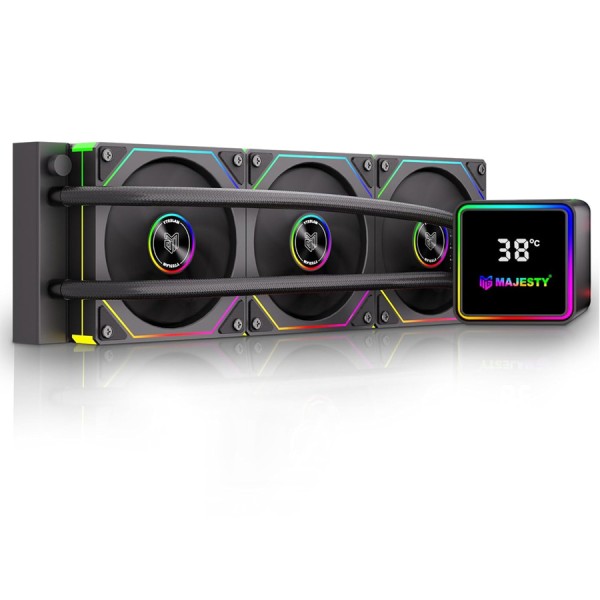 Liquid CPU Cooler MAJESTY CLD-301-B 360mm ARGB ,Customizable ARGB lighting ,digital display ,Durable, anti-leak cooling tube - Black