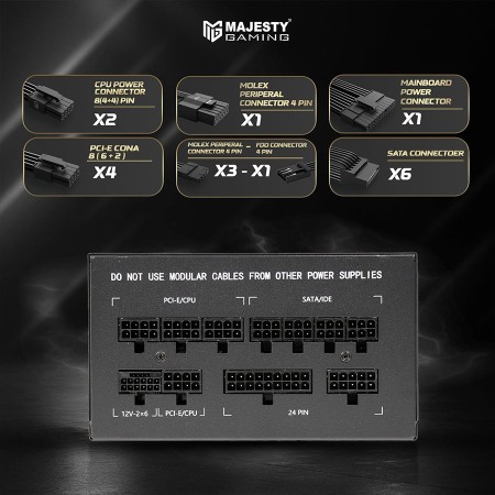 مزود الطاقة MAJESTY MPS1000-G01, بقدرة 1000 واط, شهادة كفاءة 80 PLUS Gold, تصميم معياري بالكامل Fully Modular, متوافق مع معيار ATX 3.1, دعم PCIe 5, مروحة تبريد هادئة - أسود مزود الطاقة MAJESTY MPS1000-G01, بقدرة 1000 واط, شهادة كفاءة 80 PLUS Gold, تصميم معياري بالكامل Fully Modular, متوافق مع معيار ATX 3.1, دعم PCIe 5, مروحة تبريد هادئة - أسود