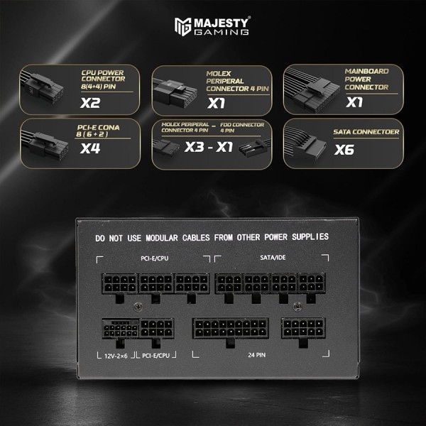مزود الطاقة MAJESTY MPS1000-G01, بقدرة 1000 واط, شهادة كفاءة 80 PLUS Gold, تصميم معياري بالكامل Fully Modular, متوافق مع معيار ATX 3.1, دعم PCIe 5, مروحة تبريد هادئة - أسود مزود الطاقة MAJESTY MPS1000-G01, بقدرة 1000 واط, شهادة كفاءة 80 PLUS Gold, تصميم معياري بالكامل Fully Modular, متوافق مع معيار ATX 3.1, دعم PCIe 5, مروحة تبريد هادئة - أسود