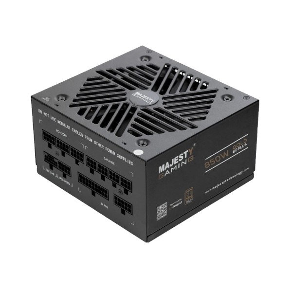 مزود الطاقة MAJESTY MPS850-G01, بقدرة 850 واط, شهادة كفاءة 80 PLUS Gold, تصميم معياري بالكامل Fully Modular, متوافق مع معيار ATX 3.1, دعم PCIe 5, مروحة تبريد هادئة - أسود