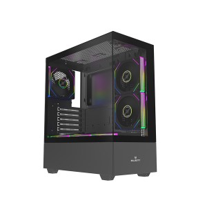 صندوق احترافي MAJESTY RAAD 203, تصميم ATX Mid Tower, ألواح زجاجية مقواة, 6 × مراوح ARGB مدمجة, دعم مزود الطاقة بحجم قياسي ATX - أسود