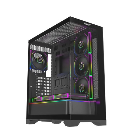 صندوق احترافي MAJESTY TUWAIQ PRO 206, تصميم Mid Tower, يدعم لوحات أم ATX وMicro-ATX وMini-ITX, واجهة زجاجية Tempered Glass, مع 7 مراوح ARGB - أسود صندوق احترافي MAJESTY TUWAIQ PRO 206, تصميم Mid Tower, يدعم لوحات أم ATX وMicro-ATX وMini-ITX, واجهة زجاجية Tempered Glass, مع 7 مراوح ARGB - أسود