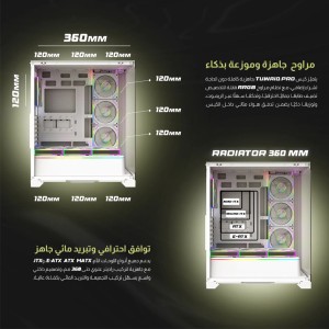 صندوق احترافي MAJESTY TUWAIQ PRO 206,  تصميم Mid Tower, يدعم لوحات أم ATX وMicro-ATX وMini-ITX, واجهة زجاجية Tempered Glass, مع 7 مراوح ARGB - أبيض