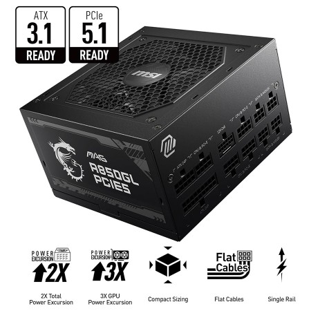 مزود الطاقة MSI MAG A850GL PCIe5, قدرة 850 واط, تصميم Fully Modular لتنظيم الكابلات, كفاءة 80+ Gold, متوافق مع معيار ATX 3.1, مروحة هادئة - أسود مزود الطاقة MSI MAG A850GL PCIe5, قدرة 850 واط, تصميم Fully Modular لتنظيم الكابلات, كفاءة 80+ Gold, متوافق مع معيار ATX 3.1, مروحة هادئة - أسود