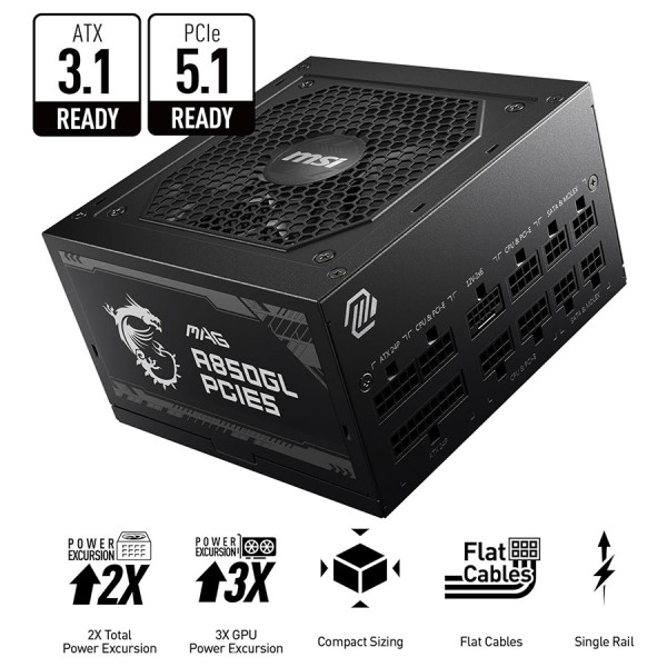 مزود الطاقة MSI MAG A850GL PCIe5, قدرة 850 واط, تصميم Fully Modular لتنظيم الكابلات, كفاءة 80+ Gold, متوافق مع معيار ATX 3.1,  مروحة هادئة - أسود