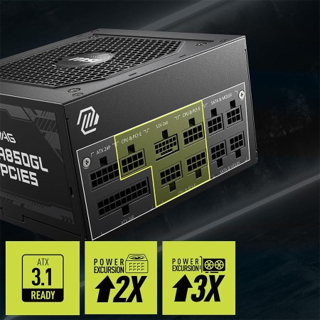مزود الطاقة MSI MAG A850GL PCIe5, قدرة 850 واط, تصميم Fully Modular لتنظيم الكابلات, كفاءة 80+ Gold, متوافق مع معيار ATX 3.1, مروحة هادئة - أسود مزود الطاقة MSI MAG A850GL PCIe5, قدرة 850 واط, تصميم Fully Modular لتنظيم الكابلات, كفاءة 80+ Gold, متوافق مع معيار ATX 3.1, مروحة هادئة - أسود