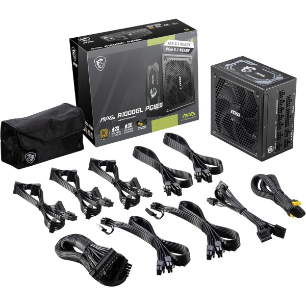 مزود الطاقة MSI MAG A1000GL PCIe5, قدرة 1000 واط, تصميم Fully Modular لتنظيم الكابلات, كفاءة 80+ Gold, متوافق مع معيار ATX 3.1,  مروحة هادئة - أسود