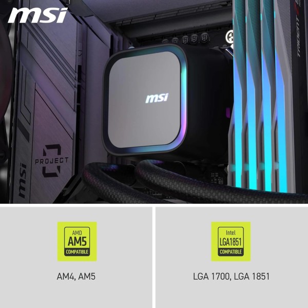 مبرد مائي MSI MAG CORELIQUID A13 360 ARGB Gen2, ريديتور 360 ملم مع 3 مراوح مقاس 120مم بإضاءة ARGB Gen2 وتصميم CycloBlade, متوافق مع معالجات AMD وIntel الحديثة - أسود
