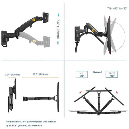 NORTH BAYOU F150 Wall Monitor Mount - 17-35" - Gas Spring - 3-12kg Capacity