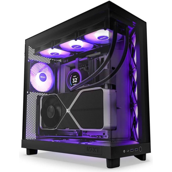 صندوق احترافي NZXT H6 Flow RGB , تصميم Dual-Chamber, دعم منافذ امامية USB Type-C, يدعم 3 مراوح مضيئة داخلية - أسود