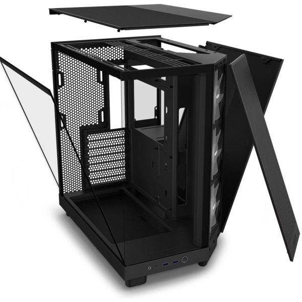صندوق احترافي NZXT H6 Flow RGB , تصميم Dual-Chamber, دعم منافذ امامية USB Type-C, يدعم 3 مراوح مضيئة داخلية - أسود