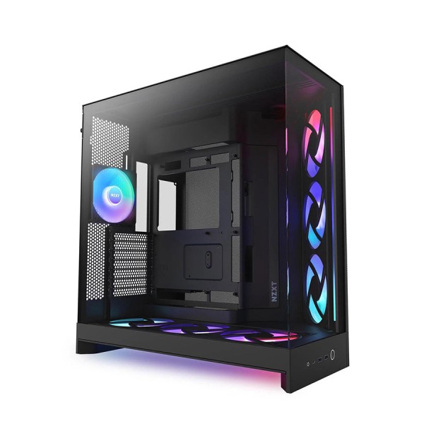 صندوق احترافي NZXT H9 Flow ار جي بي بلس , تصميم Dual-Chamber, دعم اللوحات الأم ذات التوصيل الخلفي, 7 مراوح مضية داخلية - أسود