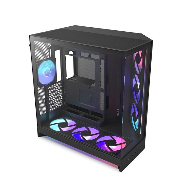 صندوق احترافي NZXT H9 Flow ار جي بي بلس , تصميم Dual-Chamber, دعم اللوحات الأم ذات التوصيل الخلفي, 7 مراوح مضية داخلية - أسود