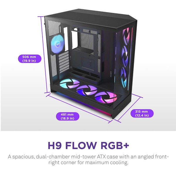 صندوق احترافي NZXT H9 Flow ار جي بي بلس , تصميم Dual-Chamber, دعم اللوحات الأم ذات التوصيل الخلفي, 7 مراوح مضية داخلية - أسود