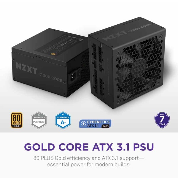 مزود الطاقة NZXT C1000 Gold Core، كامل الفواصل (Full Modular)، يدعم معيار ATX 3.1، قدرة قصوى 1000 واط، موصل جاهز PCIe 5.1 – اسود