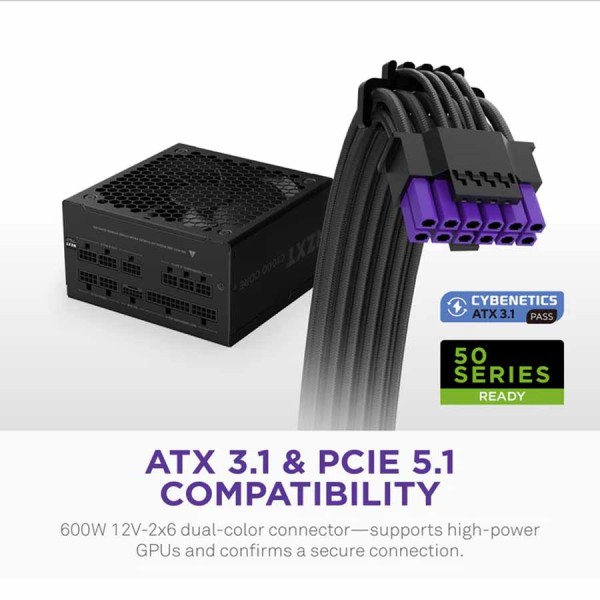 مزود الطاقة NZXT C1000 Gold Core، كامل الفواصل (Full Modular)، يدعم معيار ATX 3.1، قدرة قصوى 1000 واط، موصل جاهز PCIe 5.1 – اسود