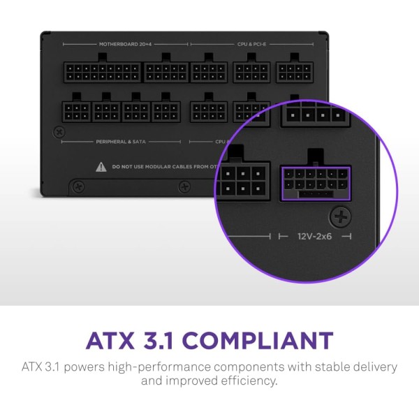 NZXT C1200, 1200 Watt Power Supply, Certified 80 PLUS Gold efficiency, Fully modular cables, ATX 3.1 standard - BLACK