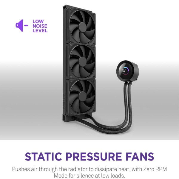 مبرد مائي للمعالج NZXT Kraken Plus 360، مزود بشاشة LCD مقاس 1.54 بوصة، ومضخة NZXT Turbine، ويدعم وضع Zero RPM للتشغيل الصامت، مع تحكم كامل عبر برنامج NZXT CAM – اسود