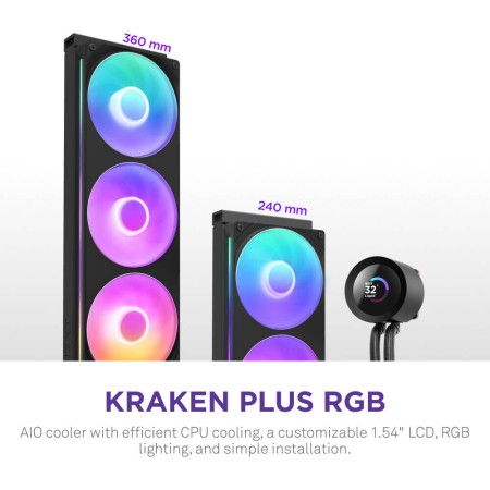 مبرد مائي احترافي NZXT Kraken Plus 240, شاشة LCD مربعة مقاس 1.54 بوصة, مروحتين RGB عالية الكفاءة مقاس 120 مم, متوافق مع معالجات Intel و AMD الحديثة - أسود