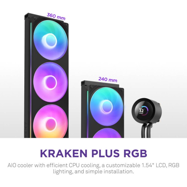 مبرد مائي احترافي NZXT Kraken Plus 240, شاشة LCD مربعة مقاس 1.54 بوصة, مروحتين RGB عالية الكفاءة مقاس 120 مم, متوافق مع معالجات Intel و AMD الحديثة - أسود