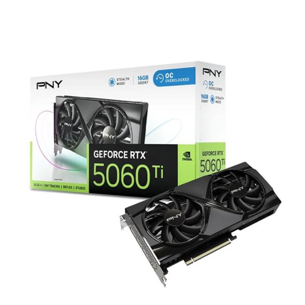 كرت شاشة احترافي PNY RTX 5060 Ti, ذاكرة 16GB GDDR7, نظام تبريد مزدوج المراوح, إصدار مكسور السرعة OC, واجهة PCIe 5.0, دعم تقنيات DLSS4 و Ray Tracing - أسود