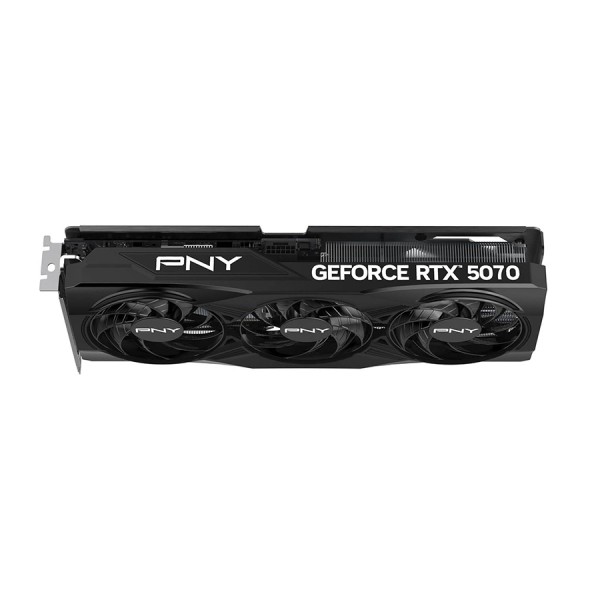 كرت شاشة PNY GeForce RTX 5070, ذاكرة 12GB GDDR7, نظام تبريد ثلاثي المراوح, اصدار مكسور السرعة OC, واجهة PCIe 5.0, دعم تقنيات NVIDIA RTX الحديثة - أسود