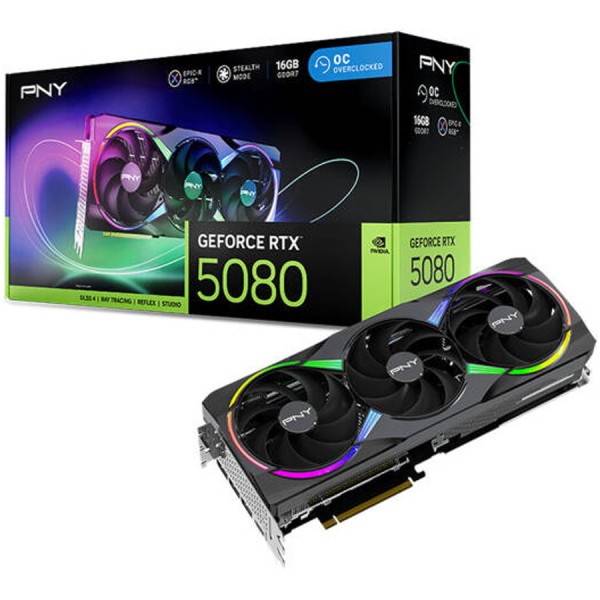 بطاقة الرسوميات PNY GeForce RTX 5080 بسعة 16 GB OC، تدعم PCIe 5.0 x16، وDLSS 4، نسخة OC - اسود بطاقة الرسوميات PNY GeForce RTX 5080 بسعة 16 GB OC، تدعم PCIe 5.0 x16، وDLSS 4، نسخة OC - اسود