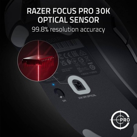ماوس العاب سلكية Razer DeathAdder V3, بوزن 59 جرام, مستشعر بصري بدقة 30000 DPI, إضاءة Razer Chroma RGB, دعم تقنية 8K HyperPolling, مفاتيح Razer Optical Gen-3 - أسود