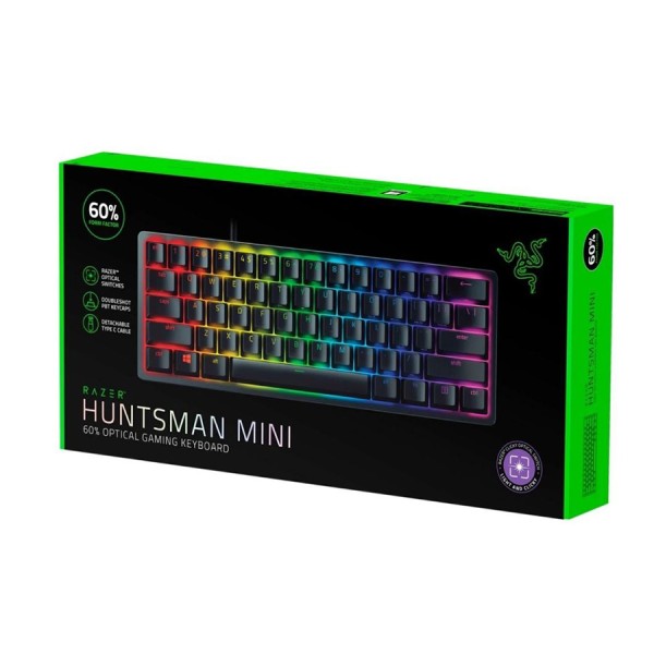 كيبورد العاب سلكي Razer Huntsman Mini, تصميم 60%, مفاتيح Razer Optical Switches, إضاءة Chroma RGB, كابل USB-C قابل للفصل,  يدعم Razer Synapse - أسود